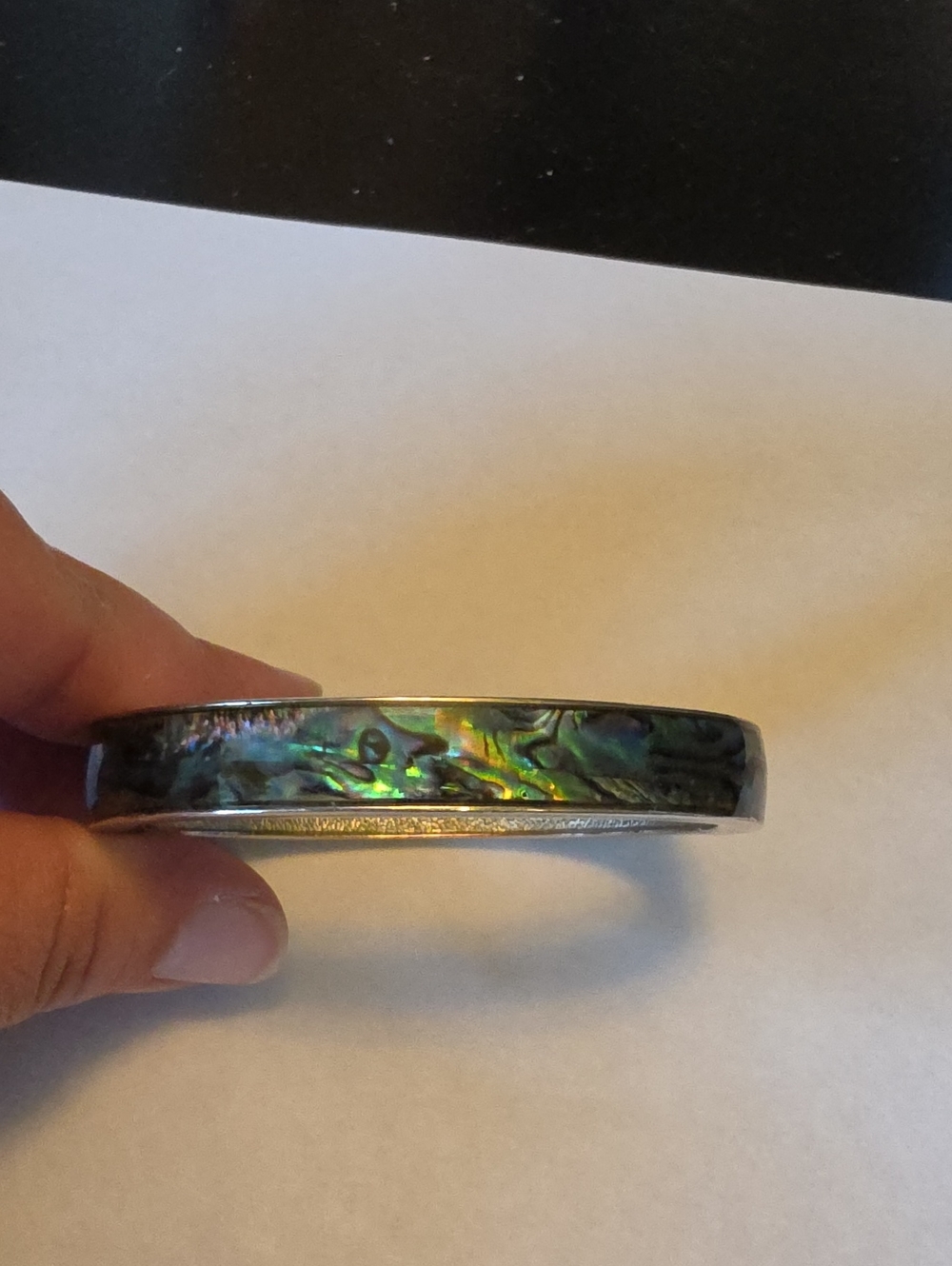 Abalone Inlay Silver-Tone Bangle Bracelet - Iridescent Green/Blue